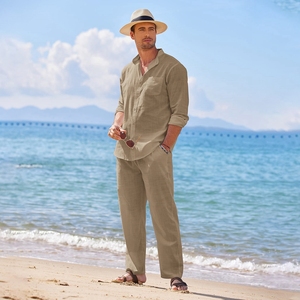 Ensemble chemise et pantalon pour homme en lin respirant, manches longues, style gothique uni, tenue de plage d'été, deux pièces, vente en gros - Product Image 6