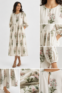 Vestido Largo Kaftán Bohemio de Algodón 100% con Estampado Floral de Jaipur, Holgado, Natural, Transpirable, para Mujer, Verano, Playa, Resort - Product Image 6
