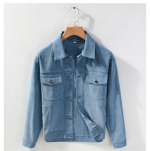 Chaqueta Cortavientos de Pana para Hombre, Estilo Retro Americano, Cuello Alto, Cierre de Botón, Larga, Otoñal, Ecológica, Transpirable, Color Sólido, 100% - Product Image 2