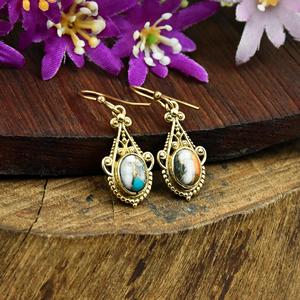 Pendientes de Oro con Gema de Turquesa de Ostra Espinosa, Estilo Boho, Modernos, en Forma de Lágrima, Pendientes de Diseño con Filigrana, Joyería Fina al por Mayor - Product Image 3