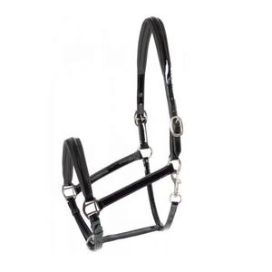 Licou en cuir de cheval avec casque en cuir verni et quincaillerie en laiton - Product Image 1