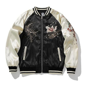 Fully Embroidered Streetwear Satin <b>Varsity</b> <b>Jacket</b> for <b>Men</b> Stand Collar Outerwear Winter Polyester Satin <b>Bomber</b> <b>Varsity</b> <b>Jackets</b> - Product Image 1