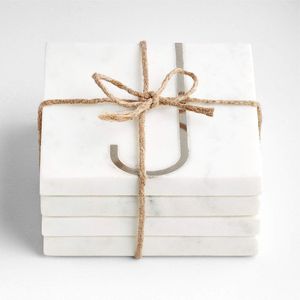 Ensemble de 4 dessous-de-verre carrés en marbre naturel blanc pur et métal blanc brillant, vaisselle de cuisine, vaisselle de salle à manger, style américain - Product Image 2