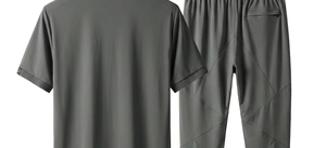 Ensemble de survêtement d'été pour homme, col en V, manches courtes, couleur unie, léger, respirant, pantalon décontracté avec cordon de serrage - Product Image 5