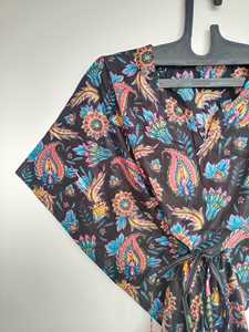 Elegante Vestido Kaftán de Algodón con Estampado Floral Vintage para Mujer, Largo hasta la Rodilla, Detalle de Encaje, Silueta en A, Corte Holgado, Lavable, 3/4 - Product Image 3