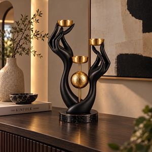 Porte-bougie sculpté à la main en métal doré, support à bougies 3 lumières, décoration de table, centre de table - Product Image 4