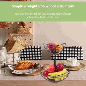 Cesta de frutas de alambre de Metal negro de 2 niveles con Base de madera, patrón de granja moderno, encimera redonda, lazos de almacenamiento de cocina para fiestas - Product Image 4