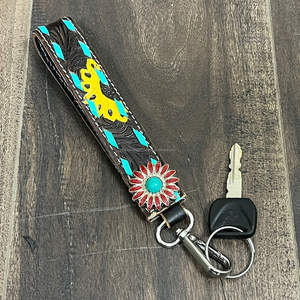 พวงกุญแจหนังวัวแท้ทำมือสไตล์ตะวันตก ประดับดอกทานตะวันและเทอร์ควอยซ์ สำหรับผู้หญิง ขายส่งสำหรับทุกเพศ - Product Image 4