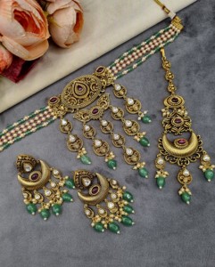 Designer Beaded Choker Necklace <b>Set</b> With Drop Beads Earrings And Mangtika Ethnic Festive Wear Fashion <b>Jewellery</b> <b>Set</b> Manufacturer - Product Image 4