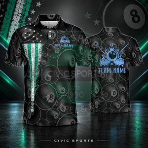 เสื้อโปโลบิลเลียดคุณภาพสูงสำหรับทุกเพศ แขนสั้น พิมพ์ลายดิจิทัล ลายลูกบิลเลียด 8 ลูก แห้งเร็ว สไตล์สปอร์ต ผลิตจากโพลีเอสเตอร์ 100% - Product Image 1