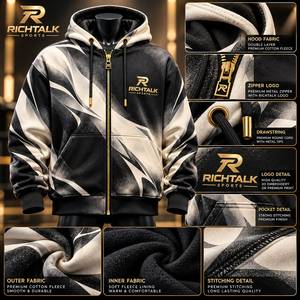 Men's <b>Zip</b>-<b>Up</b> <b>Hoodie</b> Geometric Print Fleece Heavyweight 100% Cotton Vintage Hooded Sweatshirt Winter <b>Black</b> White Gold Logo - Product Image 6