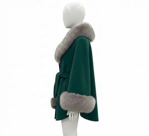 Women Green Wool Blend <b>Coat</b> with Faux Fur Collar Cuffs Belted Winter Fashion Warm Elegant Ladies Overcoat OEM Wholesale Boutique - Product Image 5
