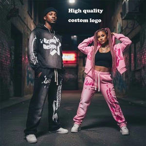High Quality Breathable Printed Vintage Fleece Hooded Jogger <b>Tracksuit</b> Full Length Hoodies Set Unisex Custom Streetwear 100% - Product Image 4