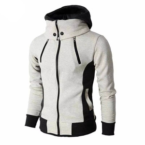 <b>Light</b> Grey Mens Hooded Jacket High Collar Double Zip Contrast <b>Panel</b> Cotton Fleece Hooded Sweatshirt Jacket Slim Warm - Product Image 1