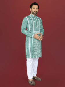 Kurta Verde Menta Bordada para Hombre, Top Pakistaní de Manga Larga, Ropa Tradicional India para Ceremonias - Product Image 1