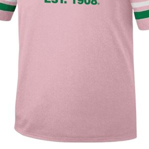 Camiseta de Jersey Rosa para Mujer, Estilo Boyfriend, Cuello en V, con Estampado de Letras Verdes, Mangas a Rayas, Informal, de Algodón Suave, para Uso Diario - Product Image 5