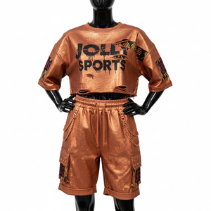 Ensemble court en molleton polyester-spandex pour femme, couleur cuivre métallisé, avec panneaux à motifs et logo personnalisé, 100 % coton (haut court et short) - Product Image 1