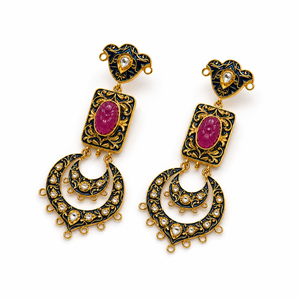 Wholesale Royal Blue Meenakari Chandbali <b>Earrings</b> Carved <b>Red</b> Stone Rectangle <b>Drop</b> <b>Earrings</b> Indian Polki Kundan Jewelry - Product Image 3