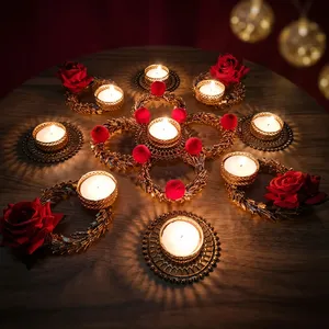 Handmade Rose <b>Tealight</b> Candle <b>Holder</b> Set Decorative Floral Rangoli for Diwali Wedding Festival and Home Table Decor - Product Image 1