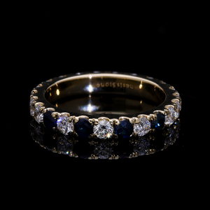 Elegante Anillo de Compromiso y Boda para Mujer en Oro Amarillo de 14K con Zafiro Azul Clásico Alternado y Diamante CVD Cultivado en Laboratorio con Baño de Rodio - Product Image 1