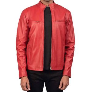Chaqueta de Cuero de Oveja Auténtica para Hombre, Color Rojo Iónico, Diseño con Cuello de Banda, Cierre de Cremallera y Múltiples Bolsillos 2026 - Product Image 1