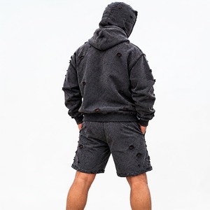Custom <b>Face</b> <b>Mask</b> Embroidery Hooded <b>Men's</b> High Quality Distressed Set Tracksuit Manufacturer Full Zip Cover Track Hoodies Street - Product Image 2
