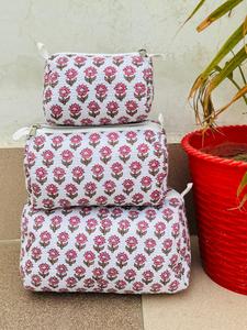 Cotton Cosmetic Pouches Set of 3 Embroidered Pink Floral Zipper Closure Portable <b>Makeup</b> Organizer <b>Case</b> - Product Image 1