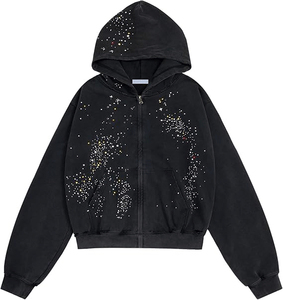 Rhinestone Hoodies Unisex Diamond <b>Hooded</b> Heavy Weight <b>Zip</b> up All-Over Rhinestone Gemstone Hoodie for Men - Product Image 1