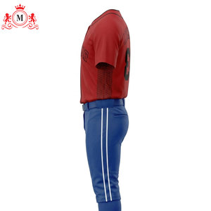 เสื้อเบสบอลสีแดงสำหรับผู้ชายพร้อมขอบสีดำและกางเกงสีน้ำเงินชุดยูนิฟอร์มวัสดุโพลีเอสเตอร์ระบายอากาศได้สำหรับผู้ใหญ่ - Product Image 4