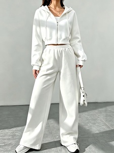Survêtement blanc à capuche pour femme, manches longues, couleur unie, sweat-shirt décontracté, pantalon à taille élastique, respirant, poids moyen, tenue de jogging - Product Image 2