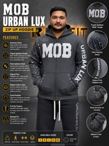 Sudadera con capucha y cremallera para hombre, gris carbón, de forro polar, estilo urbano, corte holgado con apliques deshilachados y diseño de salpicaduras de pintura - Product Image 1