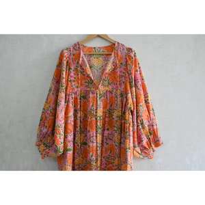 Vestido de Algodón con Estampado de Bloques para Mujer, Ropa de Verano Boho Hecha a Mano, Vestido Informal de Tela Natural Ligera y Transpirable - Product Image 4