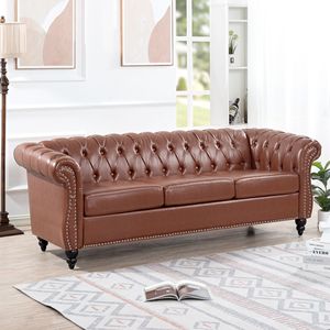 Divano Chesterfield a Tre Posti con Braccioli Arrotolati in PU Marrone 84.65 per Soggiorno - Product Image 2