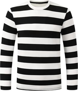 เสื้อยืดคอกลมแขนยาวลายทางสำหรับผู้ชายไซส์ใหญ่ ระบายอากาศได้ดี สไตล์ลำลอง สีดำขาว ทันสมัย ใส่สบาย - Product Image 1