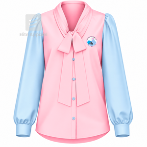 Blusa de satén Jack and Jill of America con cuello de lazo y logo bordado, manga abullonada, azul cielo y rosa, blusa moderna para mujer - Product Image 1