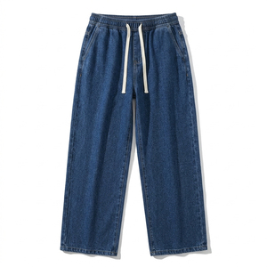 Loose Fit Wide Leg Denim Pants for <b>Men</b> Elastic Waist <b>Drawstring</b> Baggy <b>Jeans</b> Hip Hop Straight Streetwear Casual Pants for <b>Men</b> - Product Image 2