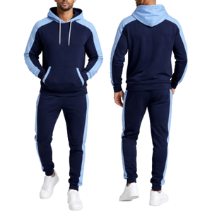 Survêtement pour homme bleu marine avec logo personnalisé et pantalon à panneaux latéraux bleu ciel contrastant |   Ensemble sweat à capuche et pantalon bicolore à manches raglan - Product Image 4
