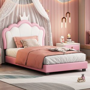 Letto a piattaforma singolo bianco e rosa con testiera e pediera a corona, letto imbottito per bambini stile principessa - Product Image 2
