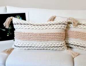 14 x 24 Inches Beige Cotton & Wool Tassel Lumbar Cushion <b>Cover</b> Bohemian Decorative <b>Throw</b> Pillow for Sofa & <b>Bed</b> - Product Image 3