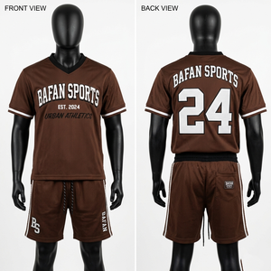 ชุดเซ็ตเสื้อยืดแขนสั้นผ้าตาข่ายระบายอากาศพรีเมียม 160 GSM สีน้ำตาลขาว แถบแขนเสื้อสีขาว พร้อมโลโก้แบบซับลิเมชั่นสั่งทำพิเศษสำหรับผู้ชาย - Product Image 6