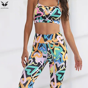 Good Quality Abstract Geometric Print Yoga Set High Waist Leggings Spaghetti Strap <b>Crop</b> <b>Top</b> Full Length Two Piece Workout Wear - Product Image 5