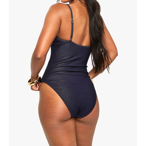 Traje de Baño de Una Pieza para Mujer, Cuello Redondo, Cintura Alta, Elástico, Color Sólido, Ajuste Regular, Tejido de Punto - Product Image 2
