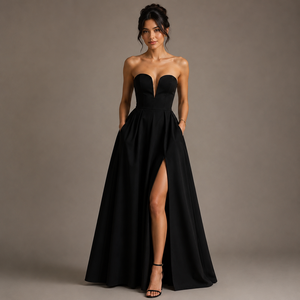 Robe de mariée de luxe noire moderne pour femme, coupe trapèze, col en V, à lacets, longueur cheville, avec poches, couleur personnalisable et sans manches - Product Image 1
