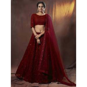 Tenue de réception de mariage : Lehenga Choli en filet brodé de fil marron avec dupatta - Product Image 1