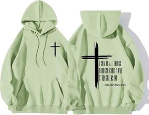 Sweat-shirt à capuche bleu clair pour homme avec imprimé croix et verset des Philippiens, coupe classique, style décontracté - Product Image 2