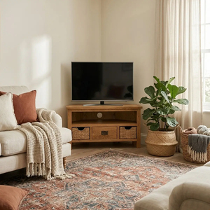 Meuble TV d'angle en chêne de haute qualité, directement de l'usine, avec paniers de rangement en osier, organisateurs de salon en bois naturel, mobilier en gros - Product Image 2