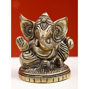 รูปปั้นพระพิฆเนศทองเหลืองขนาด2นิ้วทำด้วยมือผลิตในอินเดีย - Product Image 1