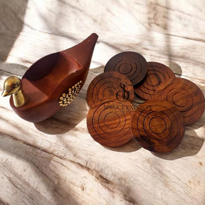 Handmade Wooden <b>Coaster</b> <b>Set</b> With Brass Duck Holder. Unique Engraved Cut Design Handcrafted Tableware For Bulk Home & Bar Decor - Product Image 2