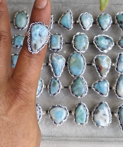 Wholesale Premium Dominican Barahona Natural Larimar Gemstone Carved <b>Adjustable</b> Rings Fashion Jewelry Blue Crystals Bulk Gift - Product Image 1
