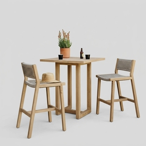 Ensemble de table haute de bar d'extérieur scandinave moderne avec 2 tabourets en bois et corde tressée - Product Image 1